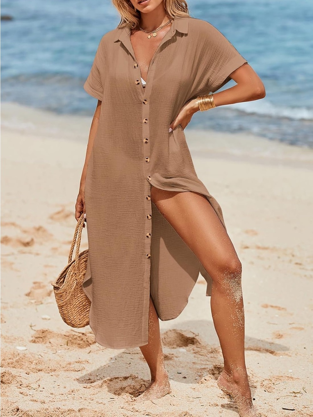 🔹 Women’s Tan Button-Front Beach Cover-Up Dress